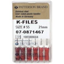 Patterson K-Files - Stainless Steel, 0.02 Taper, 21 mm Length, Color Coded Plastic Handle, 6/Pkg - Assorted Colors Sizes 15-40